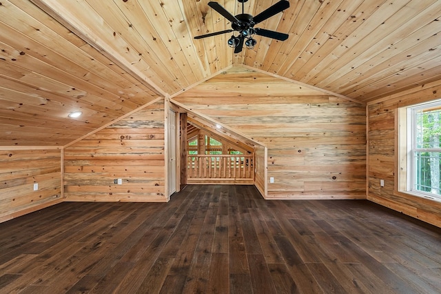 106 Raccoon Ln, Jamestown, TN 38556 - additional living space with wood ceiling, lofted ceiling, wood walls, dark wood-type flooring, and a ceiling fan