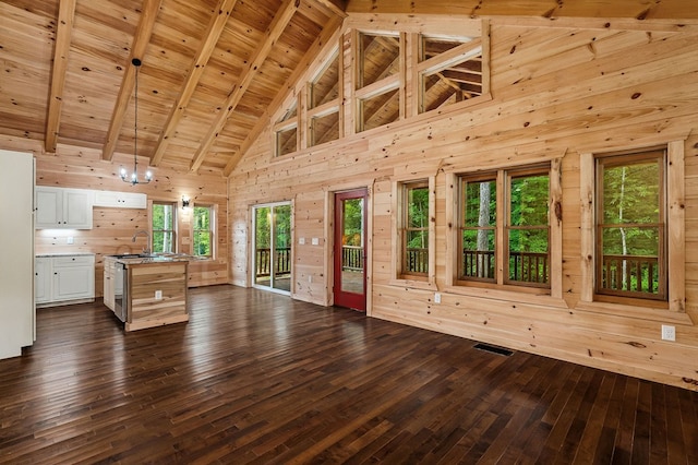 106 Raccoon Ln, Jamestown, TN 38556 - unfurnished living room featuring wood walls, high vaulted ceiling, a wooden ceiling with exposed beams, dark wood-type flooring, and a chandelier