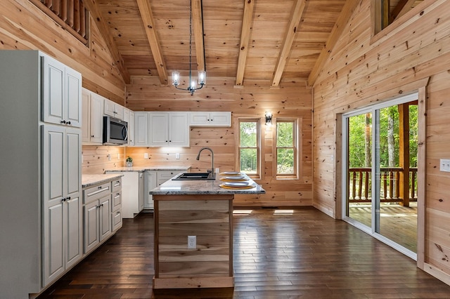 106 Raccoon Ln, Jamestown, TN 38556 - kitchen featuring stainless steel microwave, dark wood-style floors, wood ceiling, wood walls, and healthy amount of natural light