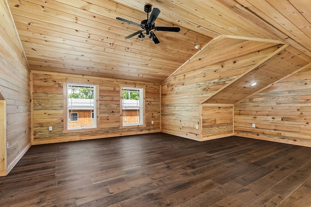 106 Raccoon Ln, Jamestown, TN 38556 - bonus room featuring vaulted ceiling, dark wood finished floors, wooden walls, wooden ceiling, and ceiling fan