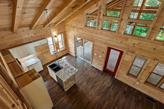 106 Raccoon Ln, Jamestown, TN 38556 - living room featuring wood walls, dark wood-type flooring, and wood ceiling