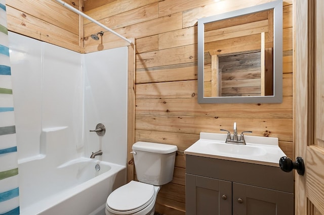 106 Raccoon Ln, Jamestown, TN 38556 - full bathroom with shower / bath combination with curtain, wooden walls, and vanity
