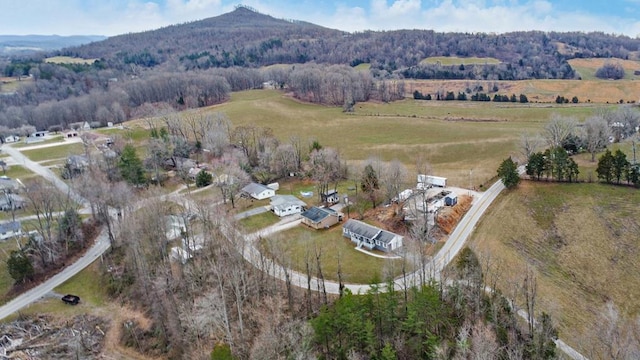 aerial view featuring a rural view and a mountain view