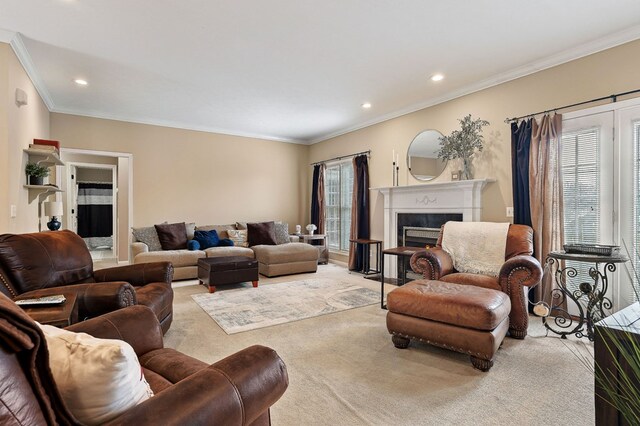 living room featuring light carpet, recessed lighting, a fireplace with flush hearth, and crown molding