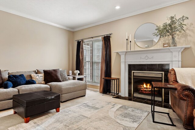 living area with light carpet, a fireplace, crown molding, and recessed lighting