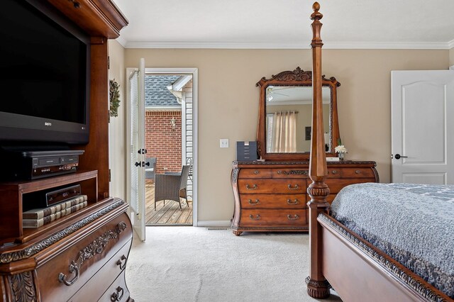 bedroom with light carpet, access to outside, baseboards, and crown molding