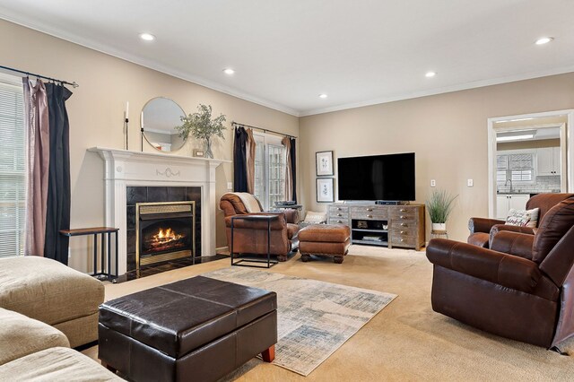 living area with ornamental molding, light colored carpet, a fireplace, and plenty of natural light