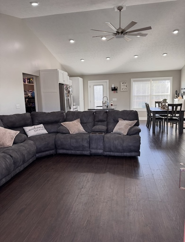 8501 Faix Rd, Byrdstown, TN 38549 - living room with lofted ceiling, a ceiling fan, plenty of natural light, dark wood finished floors, and recessed lighting