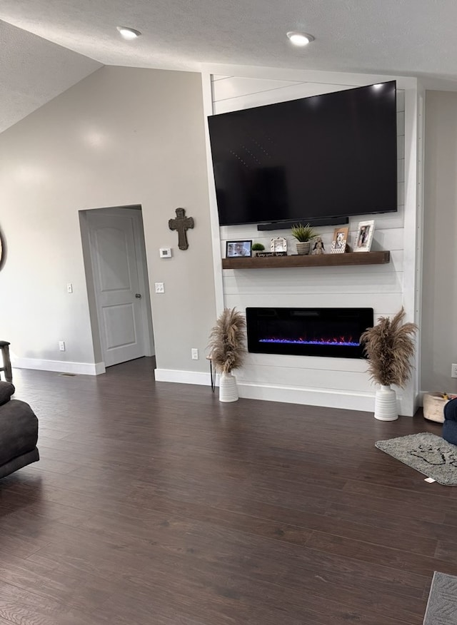 8501 Faix Rd, Byrdstown, TN 38549 - living area with baseboards, dark wood finished floors, a lit fireplace, a textured ceiling, and high vaulted ceiling
