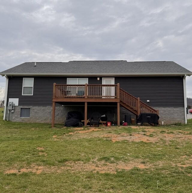 8501 Faix Rd, Byrdstown, TN 38549 - back of house with a wooden deck, a yard, stairway, and a shingled roof