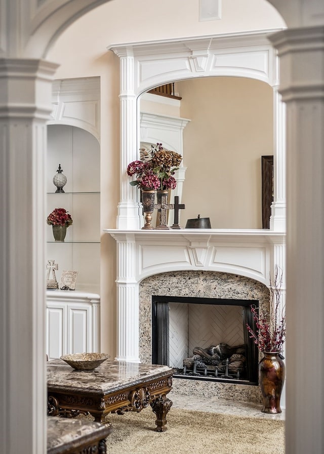 interior details featuring a fireplace