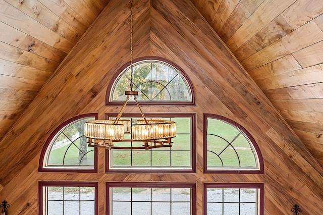 details featuring wooden ceiling and an inviting chandelier