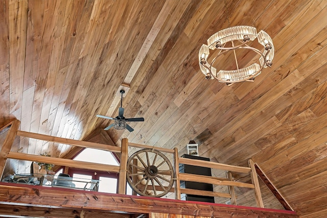 details featuring wood walls, beam ceiling, and an inviting chandelier