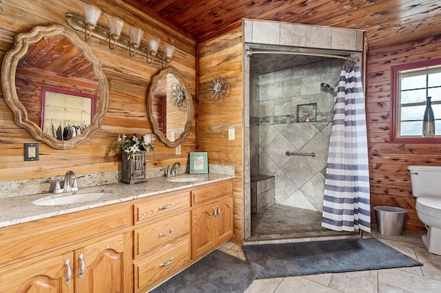 bathroom with wood walls, a sink, and a shower stall