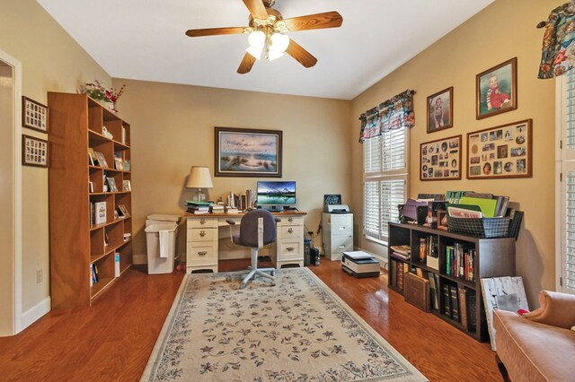 office area with ceiling fan and wood finished floors