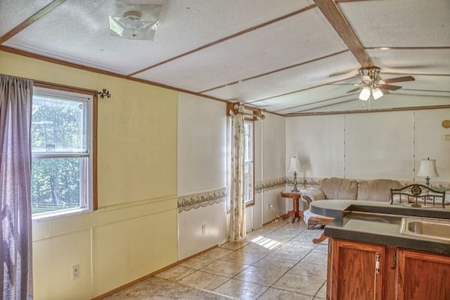 5088 Baptist Ridge Rd, Hilham, TN 38568 - living room with healthy amount of natural light, lofted ceiling, a ceiling fan, a textured ceiling, and a wainscoted wall