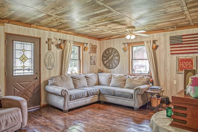 5088 Baptist Ridge Rd, Hilham, TN 38568 - living room featuring wood ceiling, a ceiling fan, wood-type flooring, and wood walls
