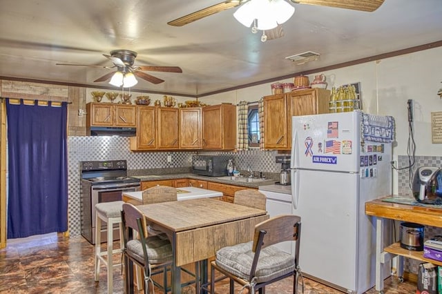 5088 Baptist Ridge Rd, Hilham, TN 38568 - kitchen featuring freestanding refrigerator, electric stove, a ceiling fan, under cabinet range hood, and tasteful backsplash