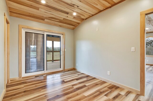 unfurnished room featuring recessed lighting, vaulted ceiling, light wood-type flooring, wooden ceiling, and baseboards