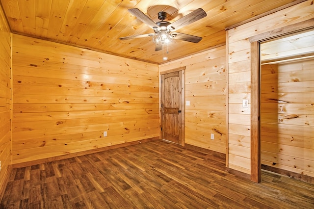 unfurnished bedroom with wooden ceiling, dark wood-style floors, and wooden walls