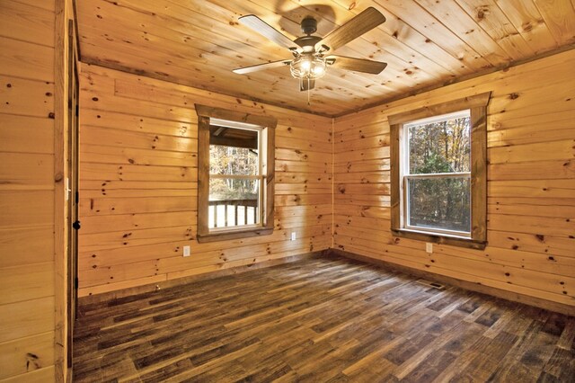 spare room with wooden ceiling, dark wood-style floors, a ceiling fan, and wood walls