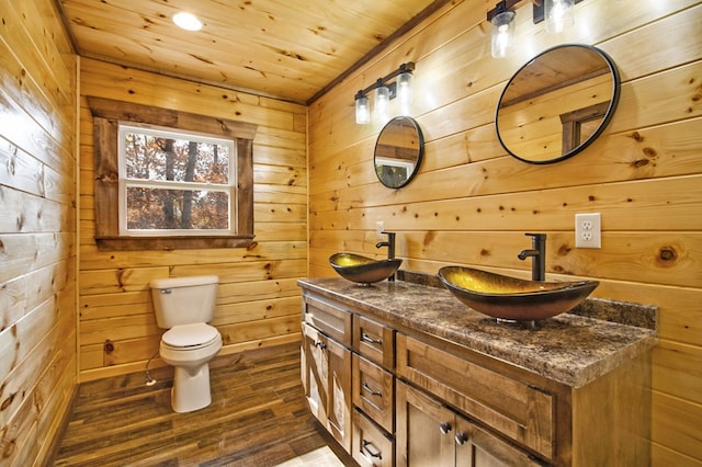 bathroom with wood finished floors, wood walls, and a sink