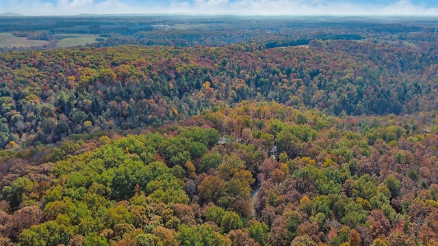 drone / aerial view featuring a forest view