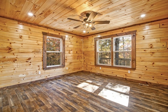 empty room featuring wooden ceiling, plenty of natural light, wooden walls, and dark wood-type flooring