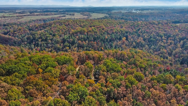 drone / aerial view with a wooded view