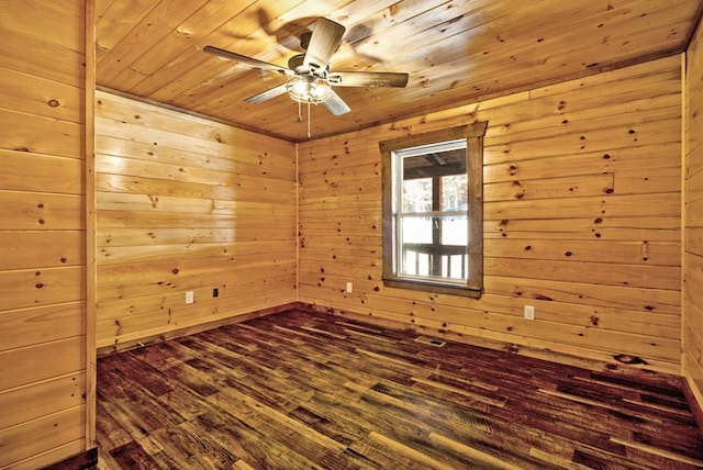 spare room featuring wooden walls, visible vents, a ceiling fan, wooden ceiling, and dark wood-type flooring