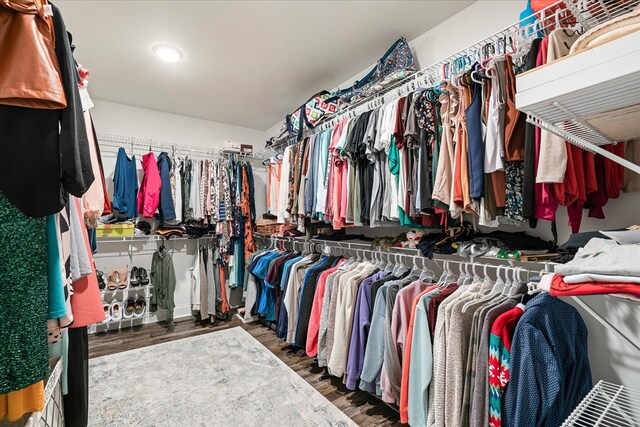 walk in closet with dark wood-style floors