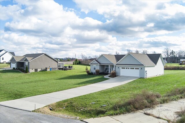 ranch-style house with a front yard, driveway, and an attached garage