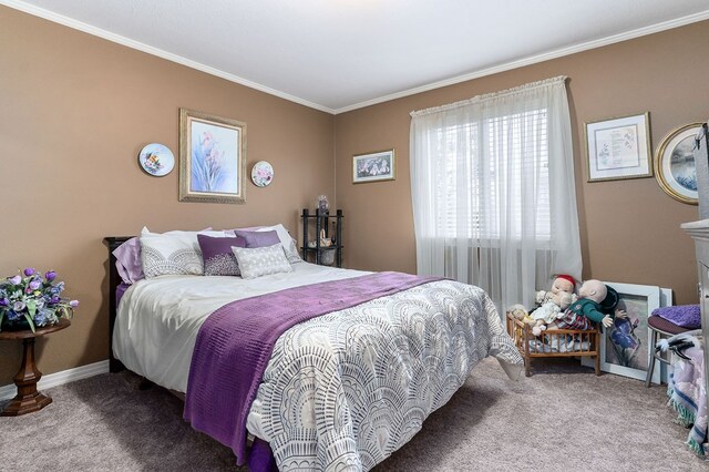 bedroom featuring ornamental molding, light colored carpet, and baseboards