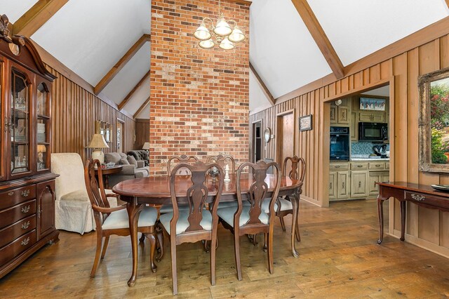 dining space featuring lofted ceiling with beams, wood finished floors, and wooden walls