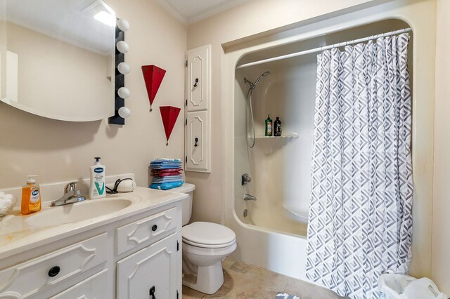 full bath with shower / bath combo, toilet, tile patterned floors, crown molding, and vanity