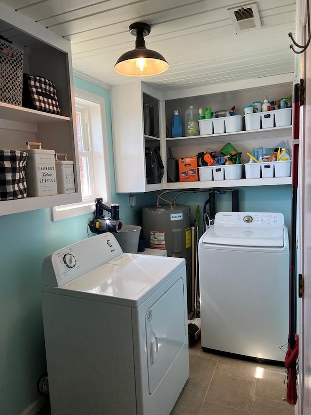 washroom featuring washer and clothes dryer, laundry area, and electric water heater