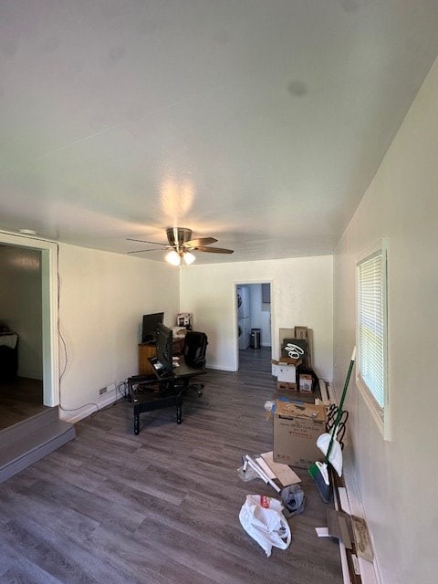 home office featuring ceiling fan and wood finished floors