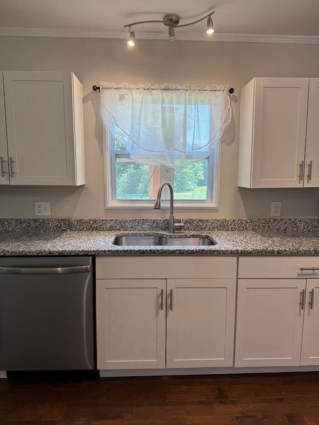 8298 Southfork Rd, Baxter, TN 38544 - kitchen with stainless steel dishwasher, white cabinets, ornamental molding, light stone countertops, and dark wood finished floors