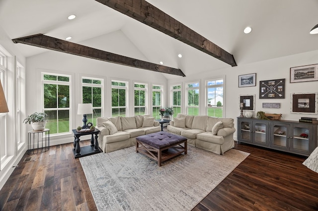 8275 Medlin Rd, Baxter, TN 38544 - living area featuring beamed ceiling, dark wood finished floors, recessed lighting, and high vaulted ceiling