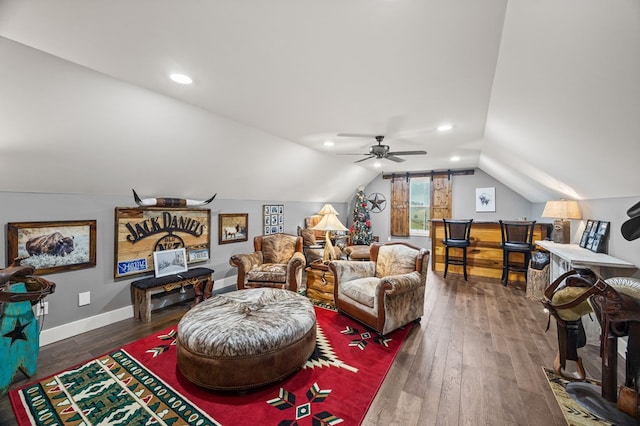 8275 Medlin Rd, Baxter, TN 38544 - living area featuring hardwood / wood-style flooring, lofted ceiling, ceiling fan, and recessed lighting