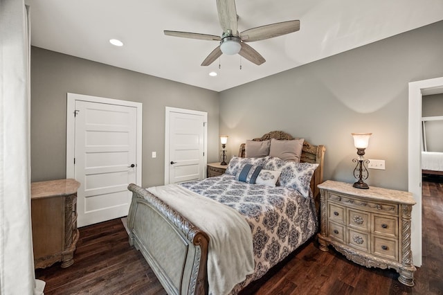 8275 Medlin Rd, Baxter, TN 38544 - bedroom with dark wood-type flooring, recessed lighting, and a ceiling fan