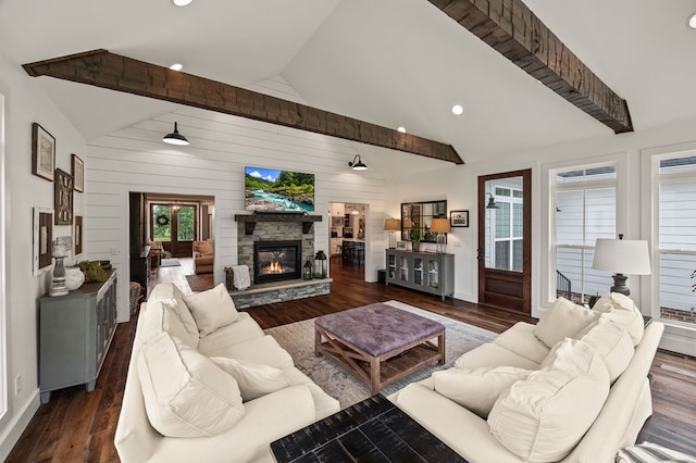 8275 Medlin Rd, Baxter, TN 38544 - living area with wood finished floors, a stone fireplace, recessed lighting, beamed ceiling, and wood walls