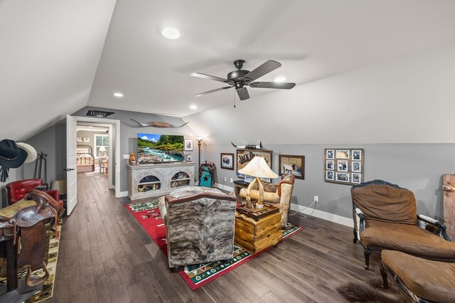 8275 Medlin Rd, Baxter, TN 38544 - living area with dark wood-style floors, a ceiling fan, vaulted ceiling, and recessed lighting
