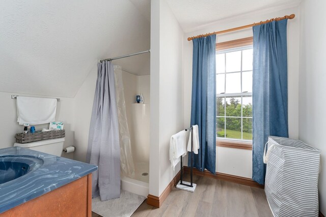 1841 SW Jones Chapel Rd, Byrdstown, TN 38549 - bathroom featuring wood finished floors, lofted ceiling, plenty of natural light, a shower stall, and baseboards
