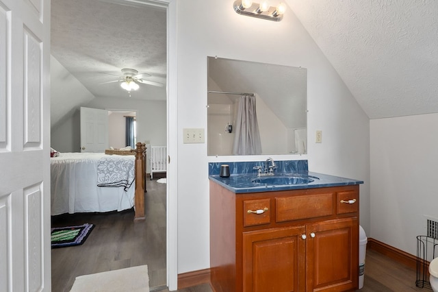 1841 SW Jones Chapel Rd, Byrdstown, TN 38549 - bathroom featuring a textured ceiling, lofted ceiling, connected bathroom, ceiling fan, and wood finished floors
