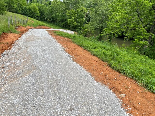 view of road with a forest view