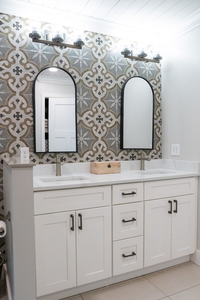 5414 Doubleview Cir, Baxter, TN 38544 - bathroom featuring double vanity, wallpapered walls, and tile patterned floors