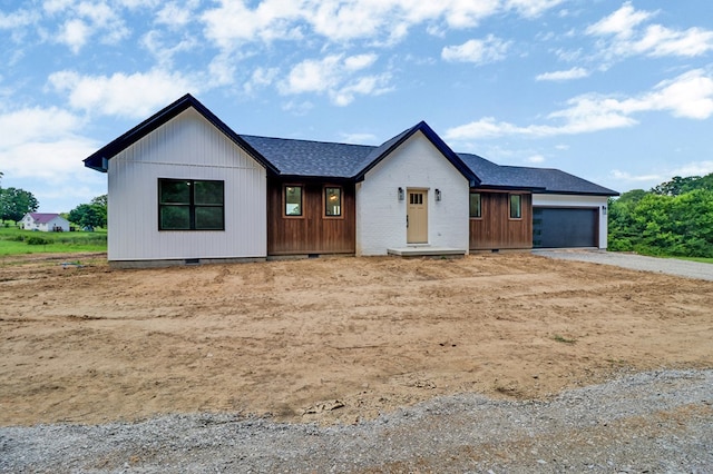 819 Hack Beaty Rd, Grimsley, TN 38565 - view of front facade featuring dirt driveway, an attached garage, crawl space, and roof with shingles