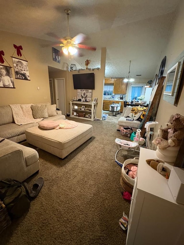 3073 Fisk Rd, Cookeville, TN 38506 - carpeted living area featuring ceiling fan and a textured ceiling
