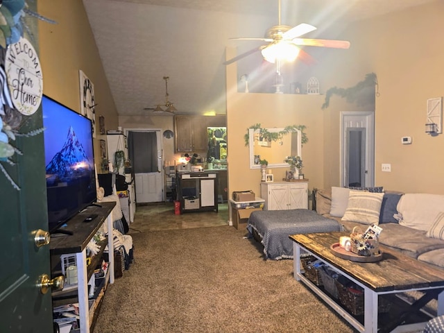 3073 Fisk Rd, Cookeville, TN 38506 - carpeted living room featuring a ceiling fan and high vaulted ceiling